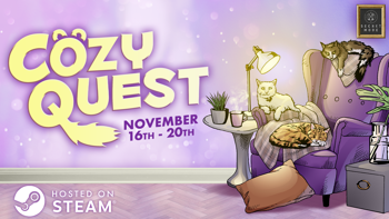 Cover art for Cozy Quest, featuring three cats resting on a blanket-covered, soft fabric chair